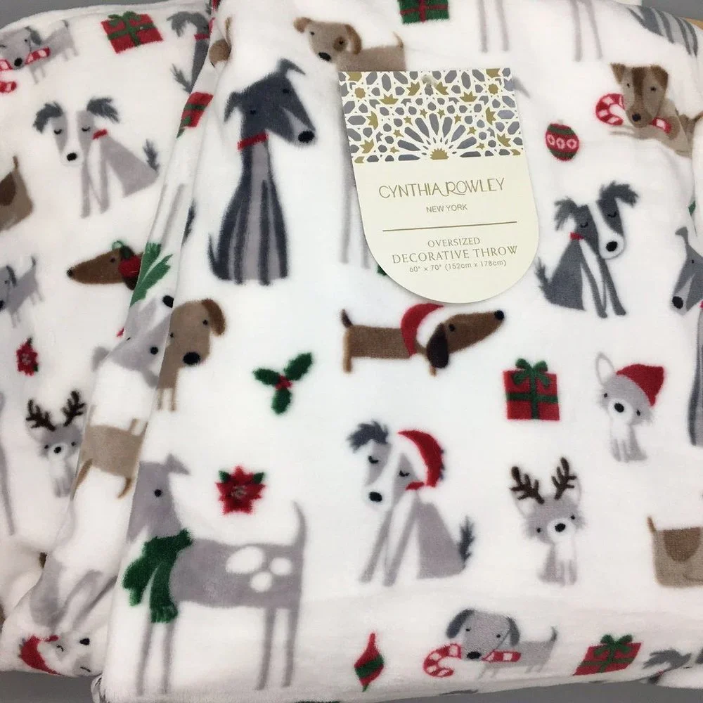 Cynthia Rowley Christmas Dogs Throw Blanket Santa Hat Reindeer Antler Candy Cane